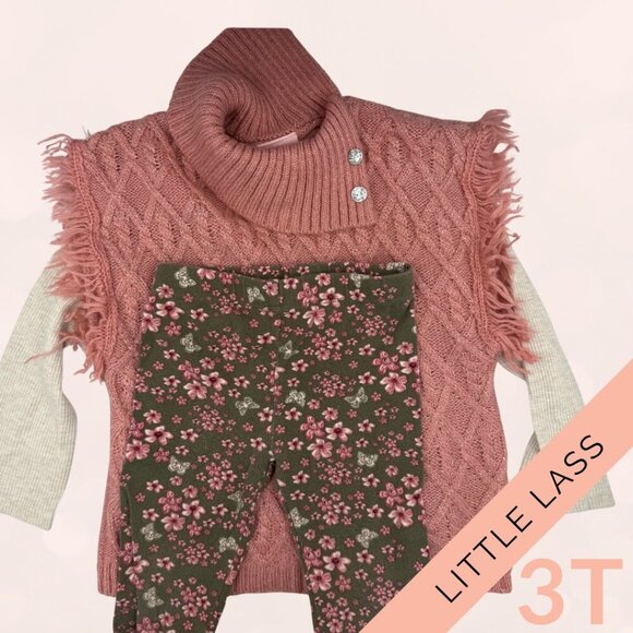 Little Lass Other - Little Lass 3T Girls’ Fall Outfit – Pink Knit Sweater Vest + Floral Leggings Set